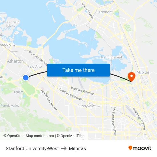 Stanford University-West to Milpitas map