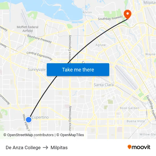 De Anza College to Milpitas map