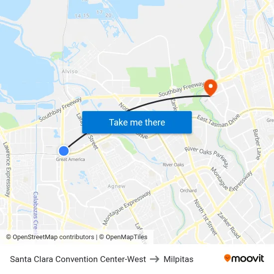 Santa Clara Convention Center-West to Milpitas map