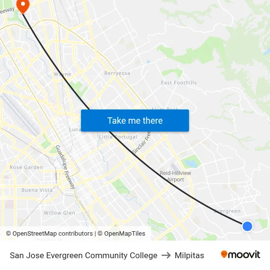 San Jose Evergreen Community College to Milpitas map