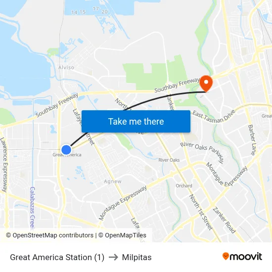 Great America Station (1) to Milpitas map
