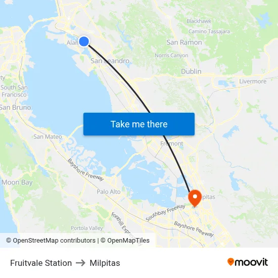 Fruitvale Station to Milpitas map