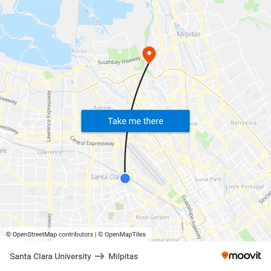 Santa Clara University to Milpitas map