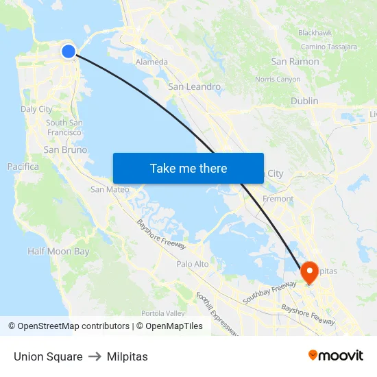Union Square to Milpitas map