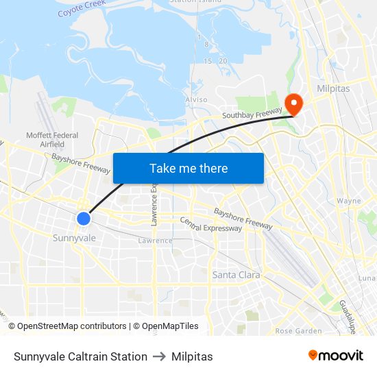 Sunnyvale Caltrain Station to Milpitas map