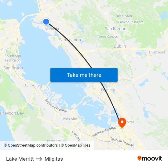 Lake Merritt to Milpitas map