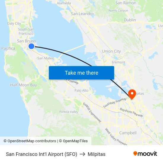 San Francisco Int'l Airport (SFO) to Milpitas map