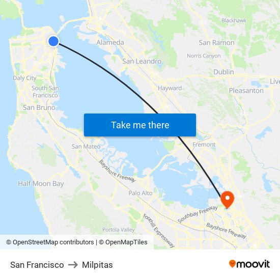 San Francisco to Milpitas map