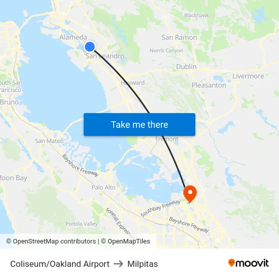 Coliseum/Oakland Airport to Milpitas map