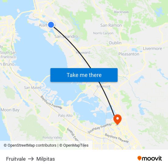 Fruitvale to Milpitas map