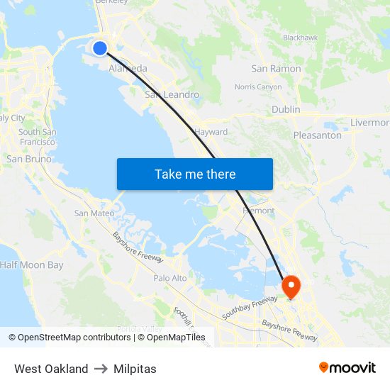 West Oakland to Milpitas map