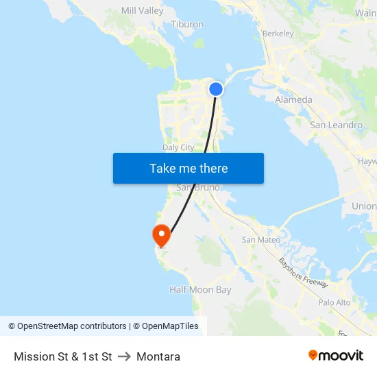 Mission St & 1st St to Montara map
