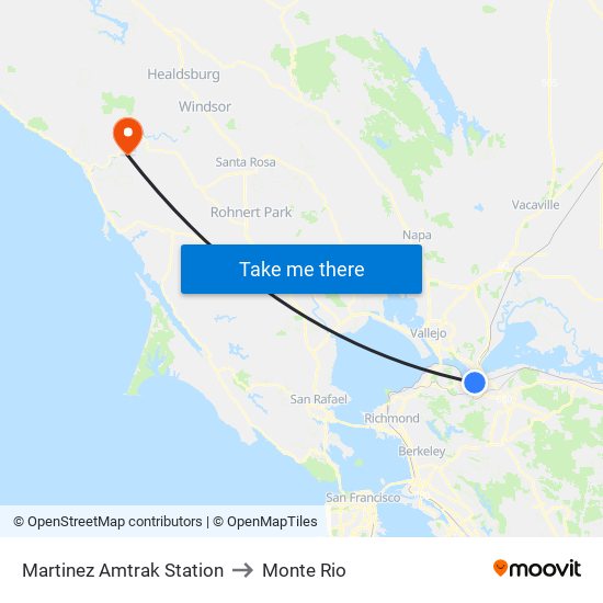 Martinez Amtrak Station to Monte Rio map