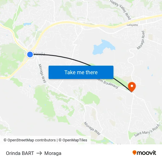 Orinda BART to Moraga map