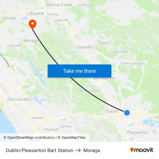 Dublin/Pleasanton Bart Station to Moraga map