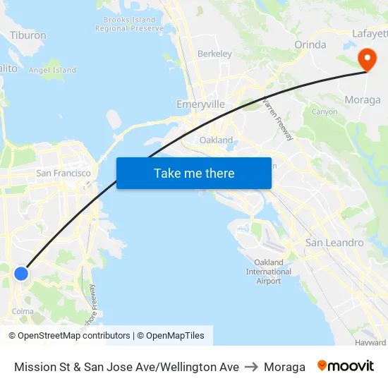 Mission St & San Jose Ave/Wellington Ave to Moraga map