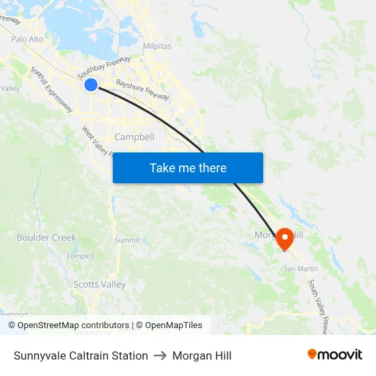 Sunnyvale Caltrain Station to Morgan Hill map