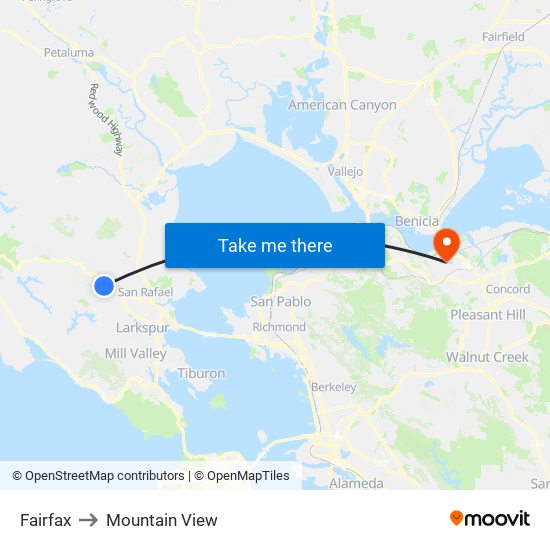 Fairfax to Mountain View map