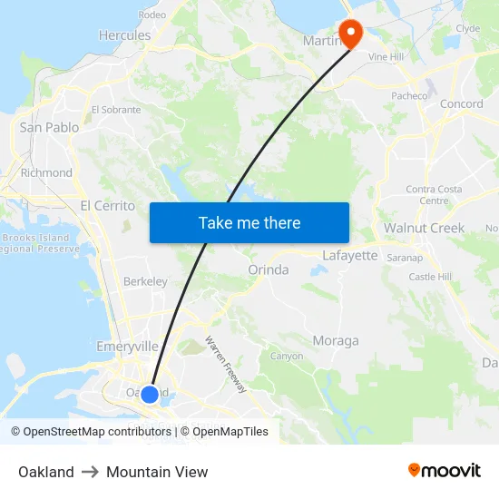 Oakland to Mountain View map