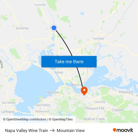 Napa Valley Wine Train to Mountain View map