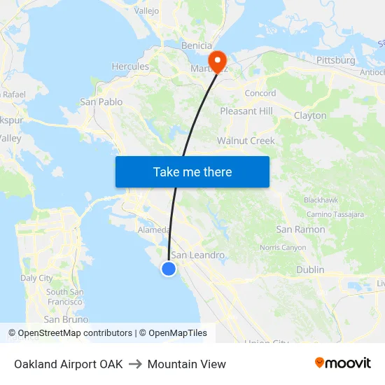Oakland Airport OAK to Mountain View map