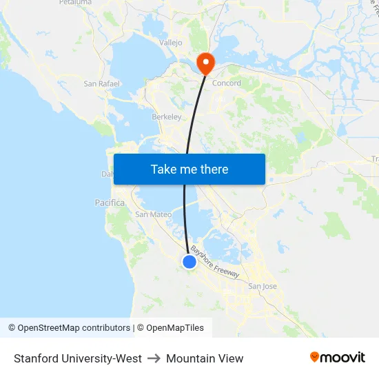 Stanford University-West to Mountain View map