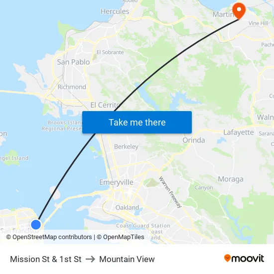 Mission St & 1st St to Mountain View map