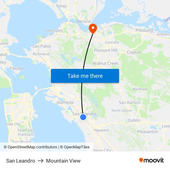 San Leandro to Mountain View map