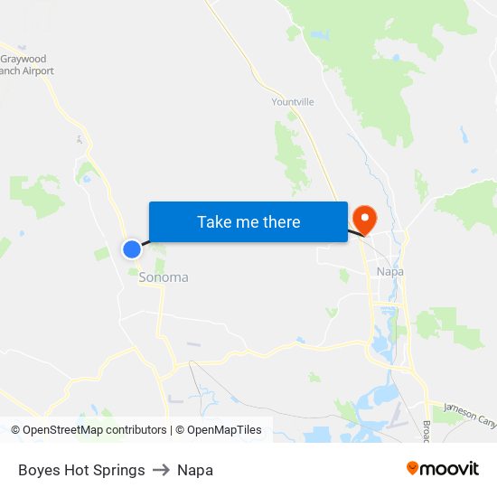 Boyes Hot Springs to Napa map