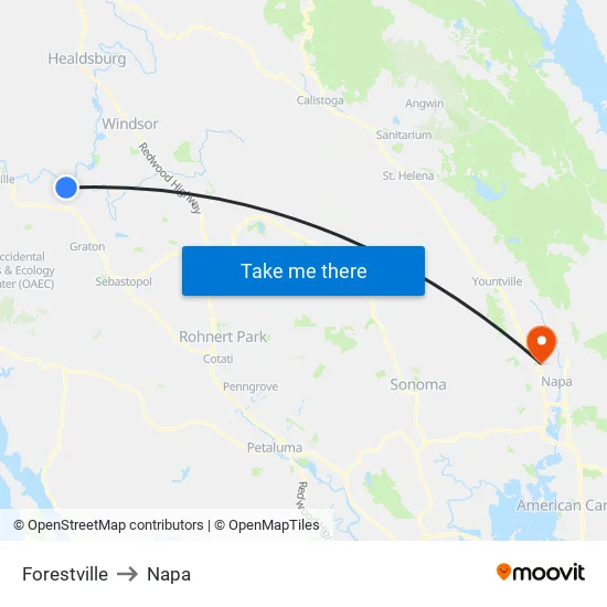 Forestville to Napa map