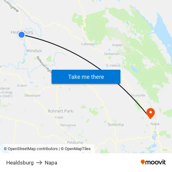 Healdsburg to Napa map