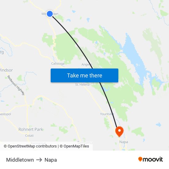 Middletown to Napa map