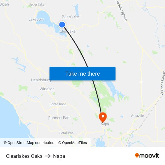 Clearlakes Oaks to Napa map