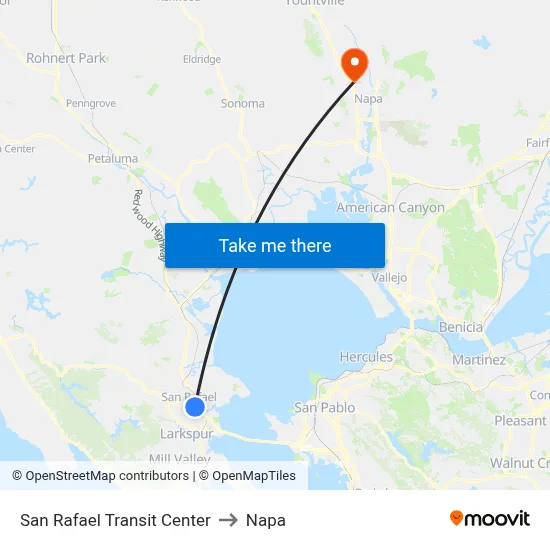 San Rafael Transit Center to Napa map