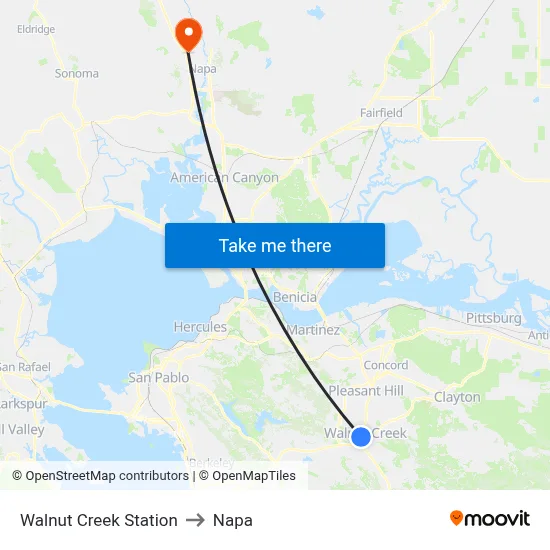 Walnut Creek Station to Napa map