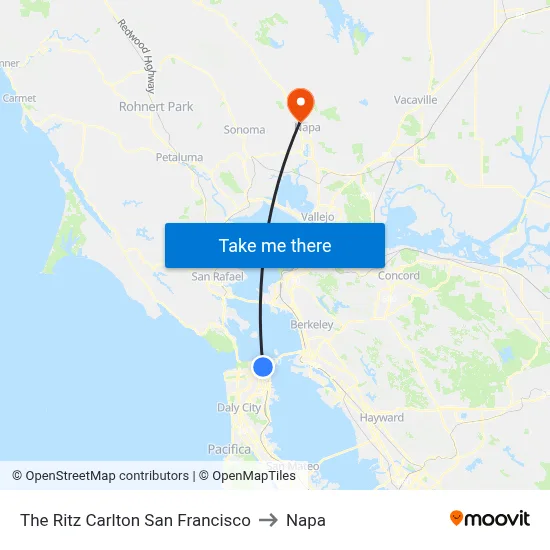 The Ritz Carlton San Francisco to Napa map