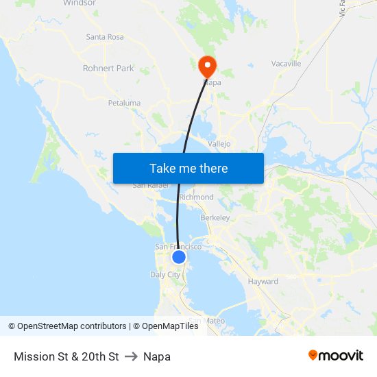 Mission St & 20th St to Napa map