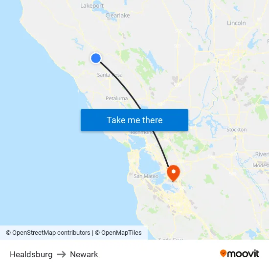 Healdsburg to Newark map