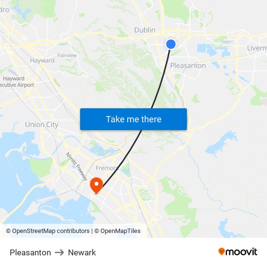 Pleasanton to Newark map