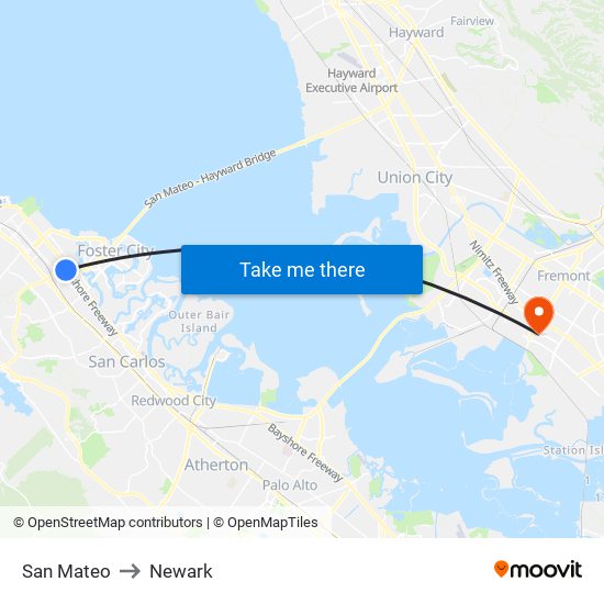 San Mateo to Newark map