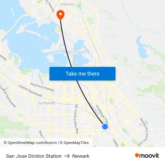 San Jose Diridon Station to Newark map