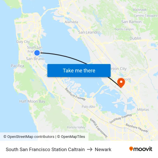 South San Francisco Station Caltrain to Newark map