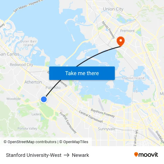 Stanford University-West to Newark map