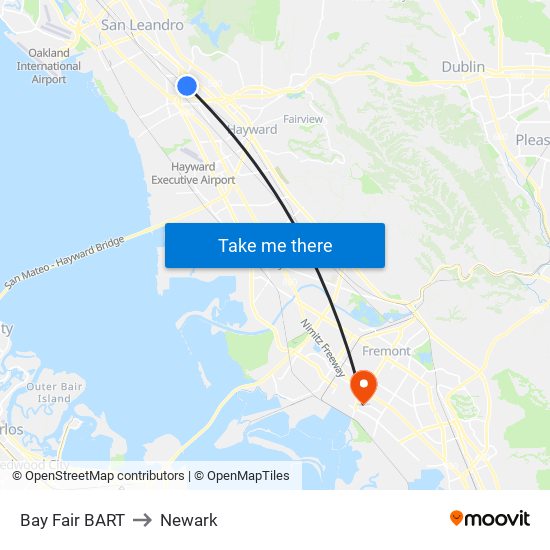 Bay Fair BART to Newark map