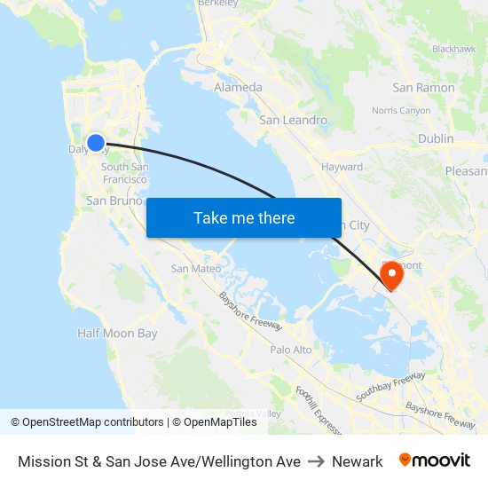 Mission St & San Jose Ave/Wellington Ave to Newark map