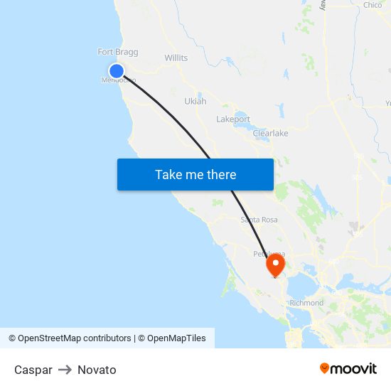 Caspar to Novato map