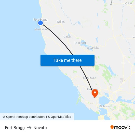 Fort Bragg to Novato map