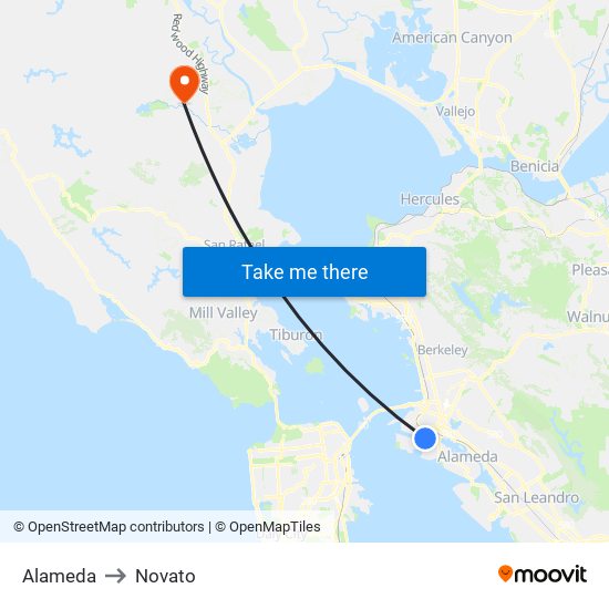 Alameda to Novato map