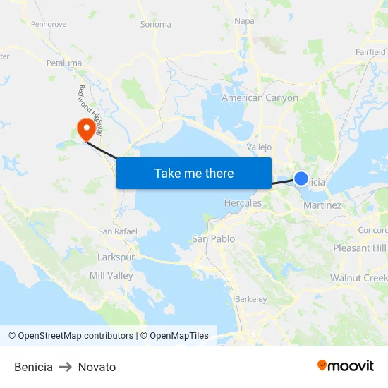 Benicia to Novato map