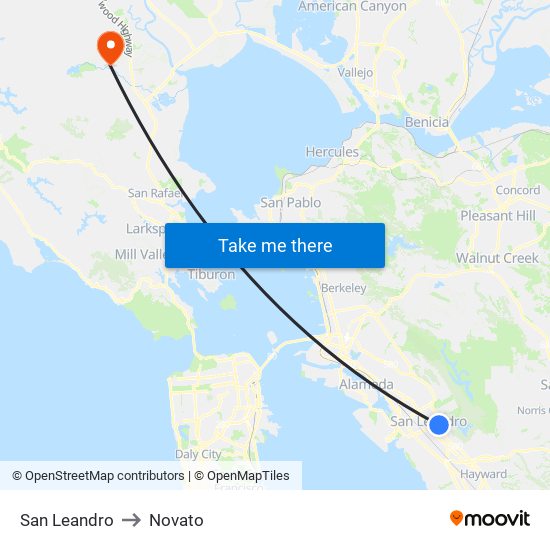 San Leandro to Novato map